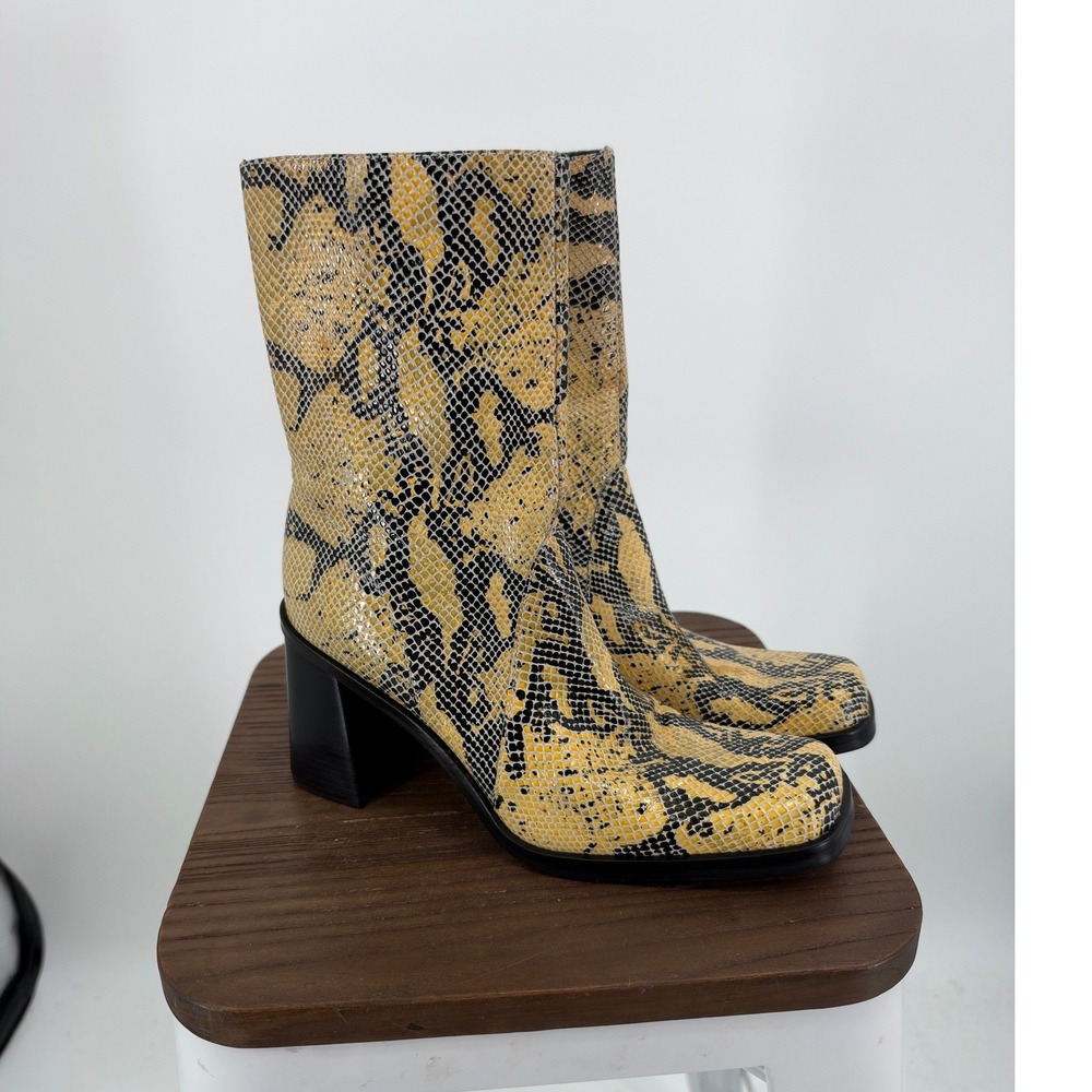 Mainframe Keri Snakeskin Leather Square Toe Block Heel Boots Yellow Black 9M Y2K